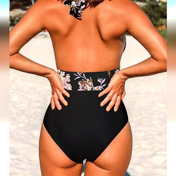 Cupshe Classic Plunge Halter Tummy Control One Piece Swimsuit with Floral Print - Picture 2 of 5